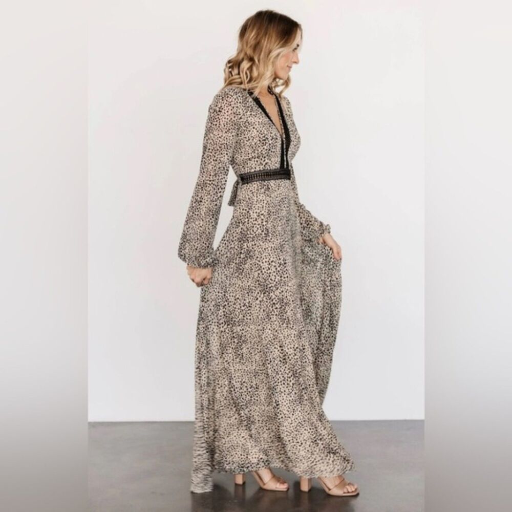 Baltic Born Cha Cha Print Maxi Dress Taupe Leopard Boho Lace V-Neck XL